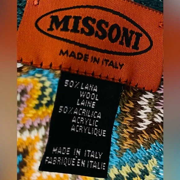 MISSONI. Multi-Color Fringed Knit Wool Scarf in Chevron Pattern